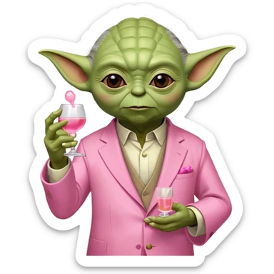 Master Yoda in pink suit, holding one small pink tequila shot in right hand sticker