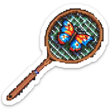 A colorful butterfly net with a wooden handle, badge style sticker