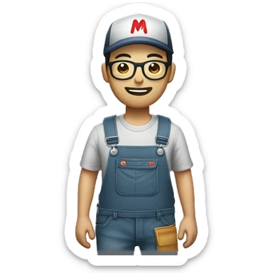 An Asian man with a beard and glasses, wearing an overalls and a button-up shirt and a dark cap with a red letter "M" design sticker