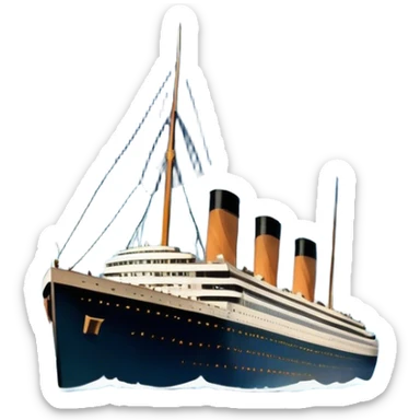 Icon for Titanic Movie: A vintage movie poster-style design featuring a dramatic scene of the ship, the iceberg, and a romantic silhouette of the main couple. Include elements like the ship’s bow, water splashes, and a starry sky in the background. Retro cinematic feel. Transparent background. sticker