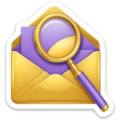 simple, minimalistic yellow (hex#FFD008) and purple (hex#8C52FF) emojis of a pin, a working case, a folder, a magnifier, an email, an envelope sticker