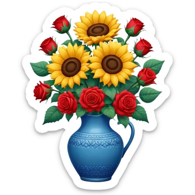 sunflowers and red roses bouquet in a ceramic blue vase sticker