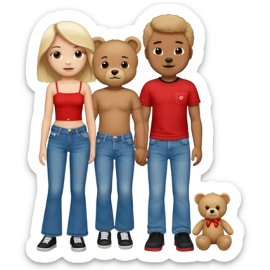 A boy and a girl teddy bear for the boy bear put on true religion shirt and jeans with black shoes and for the girl put flare jeans and a red tube top and white shoes just bears not the humans  sticker