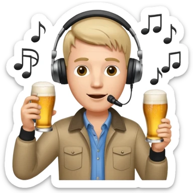 a white male radio presenter wearing headphones, speaking into a microphone, with a beer in his hand and musical notes around him sticker