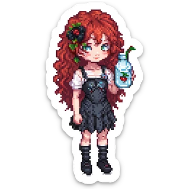 goth girl with red cherry curly hair holding a glass of water, pixel art style sticker