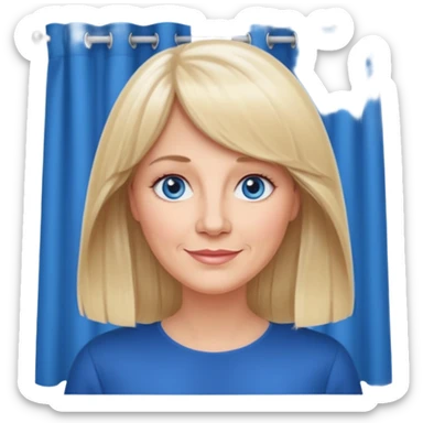 50 yr old white woman, curtain bangs, very long straight blond hair, oval face, small smile, blue eyes sticker