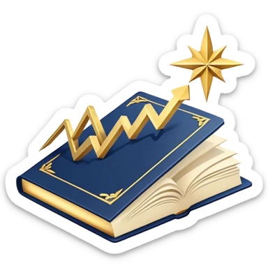 A navy blue productivity book with gold details, chart with upward trend aura, radiating productivity, strategy, and success in motion- sticker