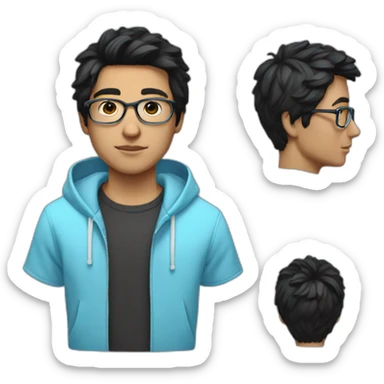 Boy, black hair, ((light blue hoodie)), glasses, white skin sticker