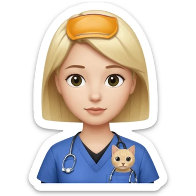 Woman with short blonde hair wearing scrubs with black cats on the top sticker