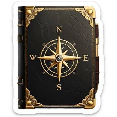 A black and gold book with an aged leather texture, embossed with an alchemical symbol, a compass, silhouette hand, exuding wisdom, mastery, and the relentless pursuit of greatness. - book on mastery  sticker