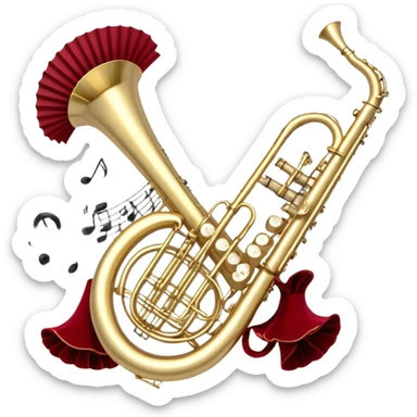 Create a festive and elegant emoji collage featuring a bouquet or fan of bells of wind instrument  (trumpets, saxophones, trombones, tubes, etc.) arranged in a radiant, symmetrical pattern. The instruments should have polished, golden and silver finishes, with their large, shiny bells forming a beautiful, fan-like display. Include a flowing ribbon of musical notes swirling through the center, conveying movement and melody. The background should feature a deep red velvet texture, adding a touch of luxury and sophistication. The overall composition should be balanced, with an elegant and regal feel, with a transparent background to keep focus on the instruments and musical elements. sticker