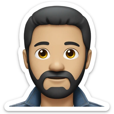 person with a black beard. Without mustache. No beard between nose and mouth. White skin tone. Nice black hair. Denim dark blue jacket sticker