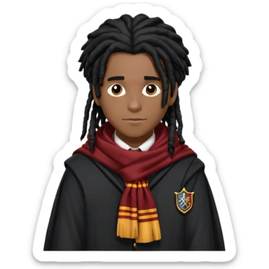 Luke Youngblood is Lee Jordan in harry potter, wear hogwarts uniform, dreadlocks black  hair, black skin,  gryfindor scarf around neck sticker