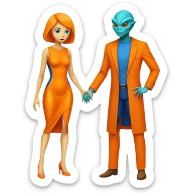 A reptilian alien woman in orange dress and human man in blue dress sticker