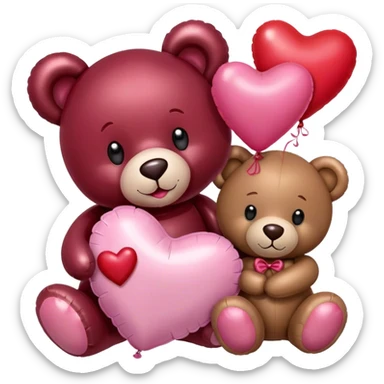maroon love letter, three metallic pink heart-shaped balloons and red kisses and love teddy bear sticker