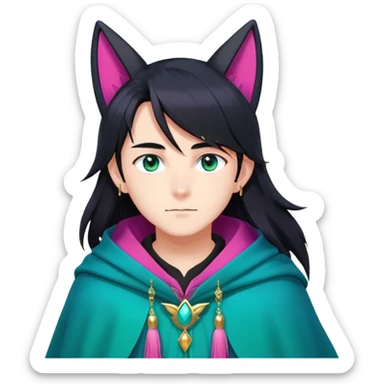 anime man with long-straight-dark-black hair, long black fox ears with pink Scapha, colorful-gradient-brown-turquoise eyes, gold earring, dark-blue-sweater, green cape, white pupils, turquoise tassel sticker