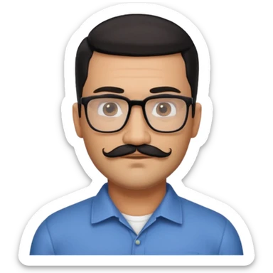 Attractive Hispanic TV host in his mid to late 40s with light brown skin, short straight black hair slicked back with fade on sides, square handsome face with strong jawline, friendly approachable expression, black beard and moustache, wearing glasses sticker