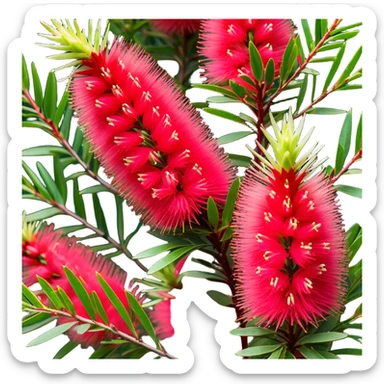 Cinematic Realistic Callistemon Emoji, Vibrant and striking, with spiky red flowers resembling a bottlebrush. The slender leaves create a fine backdrop to the bold blooms, while the plant exudes energy and vitality. Soft glowing outline, capturing the essence of strength, color, and natural beauty in a brilliant callistemon tree! sticker