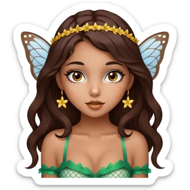 Pretty girl with caramel skin. Dark brown hair and brown eyes. She has freckles. Wearing sexy makeup. Wearing a fairy costume with white fishnet tights and tall heels sticker