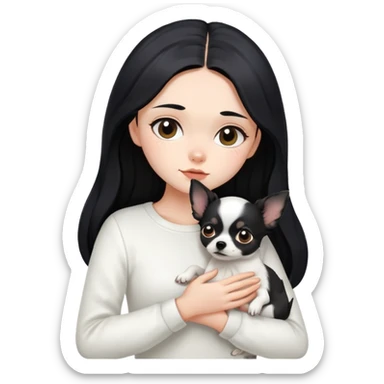 A girl with fair skin, long black hair, white clothes, gently, with her head tilted, holding a black Chihuahua tightly in her hands sticker
