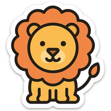 Create a cute lion with a round face, big mane, and friendly expression in lineal color icon style with simple color fills and black outlines. Use a transparent background. sticker