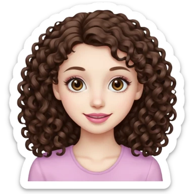 Light brown eyed female with pale skin. She has big eyes, curly and long dark brown hair and thin lips smiling. sticker
