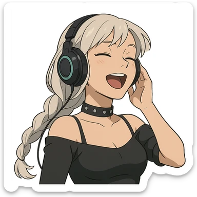 she is listening to music in headphones and JAMMIN!, a closeup portrait of young woman with gold yellow eyes, white hair, long braid, black off-shoulder top d-cup, punk gothic style, futuristic cyberwave cyberpunk,  eyes closed, singing, one hand on the headset sticker
