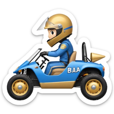 A small blue and gold dune buggy featuring a driver in a motorcycle helmet, with the word "BAJA" displayed on the side panel. sticker