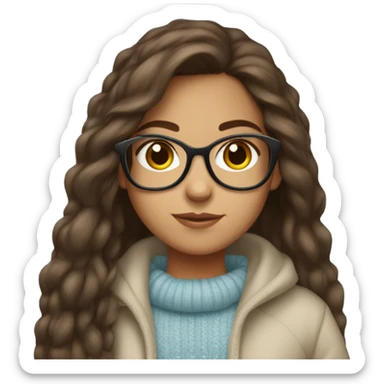 hispanic girl, long brown hair, brown eyes, full body, glasses, young, light blue winter sweater sticker
