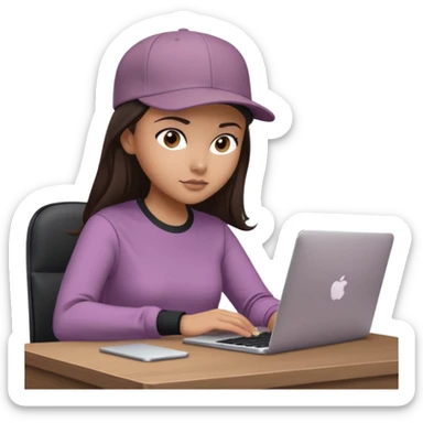 A professional 3D avatar of a young woman with olive skin and long, dark brown hair, wearing a dark, long-sleeved mauve taupe shirt and a black baseball cap. She's sitting at a sleek wooden desk, typing and looking at a silver MacBook.  sticker