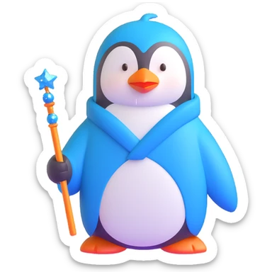 penguin wizard with a blue robe and sparkly wand sticker