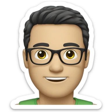 White man with clear glasses frames, black straight hair, blue-green eyes, smiling sticker