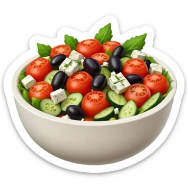 mediterranean salad bowl object icon, tomatoes, cucumbers, olives, feta cheese, olive oil dressing, 3D cartoon, mobile game icon style, clean background, no text, no watermark
 sticker