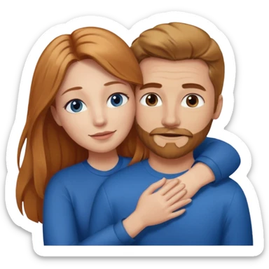 girlfriend with long dark strawberry blonde hair middle part with brown eyes giving hug to man with blue eyes, dark blonde hair and facial hair sticker