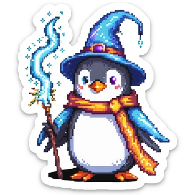 Penguin wizard casting a magic spell, with magical sparkles sticker