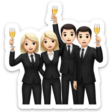 Un equipo de venta con trajes negros, personas blancas solo 3 celebrando un logro con un brindis. El fondo negro totalmente  sticker