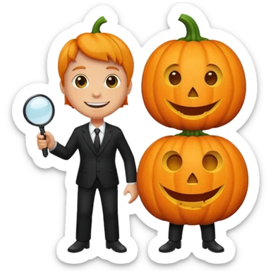 A pumpkin smiling at a magnifying glass (the magnifying glass has a suit thats black, the magnifying glass also has one eye in the middle turn the magnifying glass into a living person give the magnifying glass Normal looking eyes and give it actual arms and legs  sticker