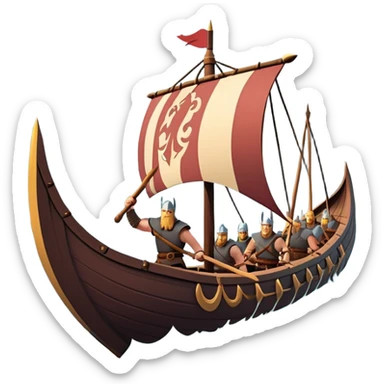 clash-of-clans-aesthetic_-cinematic-viking-longboat, rendered in a flat, bold vector style with minimal shading, featuring a striking dragon-headed prow slicing through waters. shields on the side and vikings rowing The longboat’s, the boat has carved motifs evoke a sense of epic adventure and Nordic might, with billowing sails catching a dramatic, stormy sky backdrop. sticker