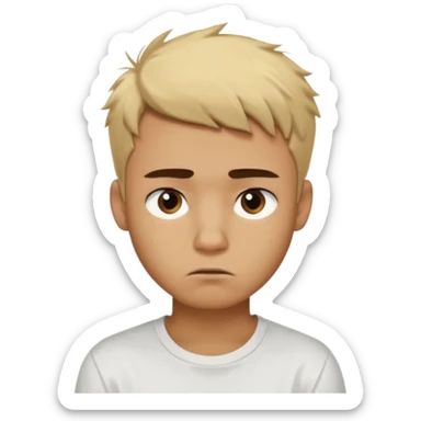 caramel skin color. Teen age. Short buzz, messy blonde hair, dark brown bushy eyebrows large expressive golden-brown eyes, brown skin color, scar over nose, wearing a plain white t-shirt. 20 year old male. Disappointed thinking facial expression. caramel skin color.  sticker
