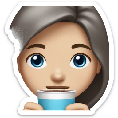 white girl with dark brown long hair, blue eyes and a hot chocolate sticker