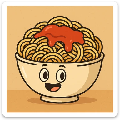 a bowl of spaghetti topped with ketchup, cartoon style, vibrant and fun sticker