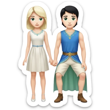 prince, standing upright, black Hair, blue eyes, garment, and woman, bending knee, sleveless white dress, blonde hair, green eyes, sticker