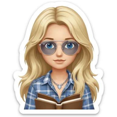girl with long blond messy hair wearing grey plaid shirt with blue eyes and aviator sunglasses wearing a ring on her silver necklace, holding law books sticker