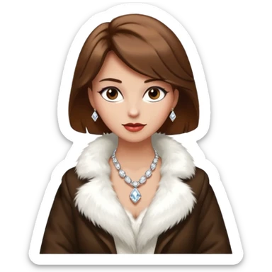 * Character: A stylish lady,brown hair
* ﻿﻿Clothing: A luxurious white fur coat
* ﻿﻿Accessories: A dazzling diamond necklace
* ﻿﻿Expression: Confident, elegant, maybe slightly glamorous
* ﻿﻿Pose: Head slightly tilted or a poised posture
* ﻿﻿Style: Emoji-like, simple but expressive sticker