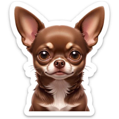 Cinematic Grumpy Chocolate Short Haired Chihuahua Portrait Emoji, Head tilted slightly with a deeply unimpressed expression, thick chocolate fur with a glossy sheen, large, droopy dark eyes narrowed into an unamused glare, ears slightly drooping in exasperation, Simplified yet comically expressive features, highly detailed, glowing with a dry, sarcastic glow, high shine, effortlessly judgmental yet dignified, stylized with a touch of cynicism, bright but brooding, soft glowing outline, capturing the essence of an eternally unimpressed yet endearing pup, so lifelike it feels like it could sigh heavily at you in disdain at any moment! sticker