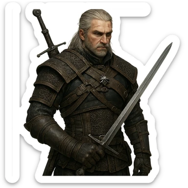 Witcher character in the style of The Witcher series, detailed armor and sword. sticker