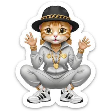 female cat wearing Run DMC hip-hop outfit with tracksuit, fedora, Adidas sneakers, many gold chains, rings, bracelets, flashy earrings, laughing and looking up, no sunglasses sticker