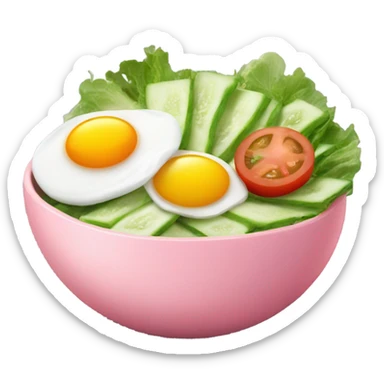 cucumber, tomato and lettuce chopped up in a pink bowl, topped with a fried egg sticker