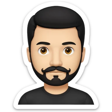 Man, hispanic skin, black hair, black beard, black mustache black eyes black t shirt sticker