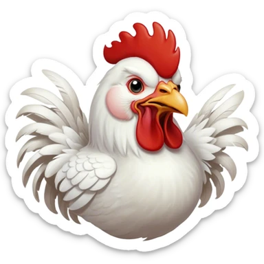 Cinematic Cute Yawning White Rooster Portrait Emoji, Head tilted slightly with a dramatic, wide-open yawn, showcasing a soft, downy white plumage with a crisp red comb and drooping wings, round eyes barely open in drowsy contentment, Simplified yet irresistibly adorable features, highly detailed, glowing with a soft, cozy glow, high shine, relaxed yet expressive, stylized with a touch of whimsy, bright and endearing, soft glowing outline, capturing the essence of a sleepy yet affectionate rooster, so drowsy it feels like it could stretch out of the screen and curl up for a nap! sticker